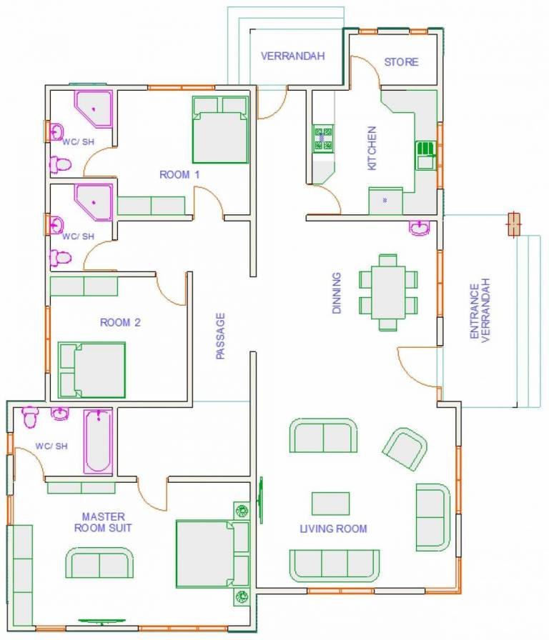 House Plan ID-15038, 3 bedrooms with 3600+1800 bricks and 100 corrugates