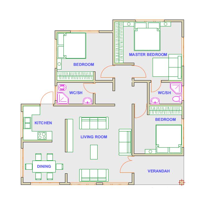 House Plan ID-15031 , 3 bedrooms with 2023+1006 bricks and 93 corrugates