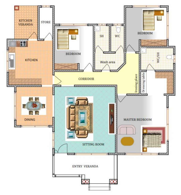 House Plan ID-16443 , 3 bedrooms with 3401+1691 bricks and 131 corrugates