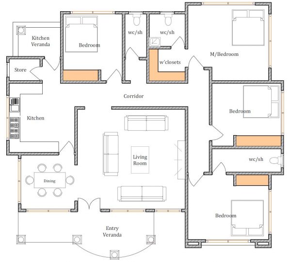 House Plan ID-16471 , 4 bedrooms with 3491+1736 bricks and 134 corrugates