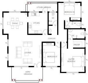 House Plan ID-27508, 3 bedrooms with 2864+1424 bricks and 130 corrugates