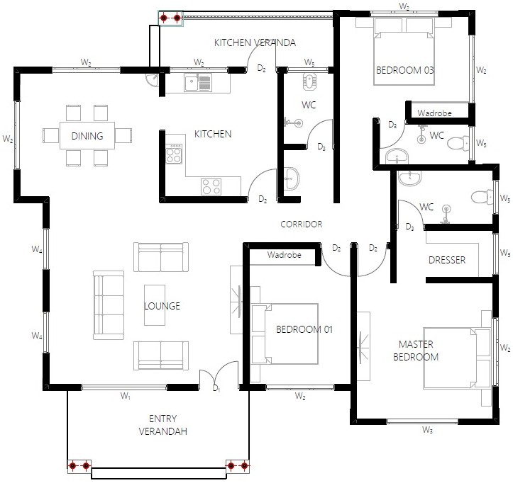 House Plan ID-27508 , 3 bedrooms with 2864+1424 bricks and 130 corrugates