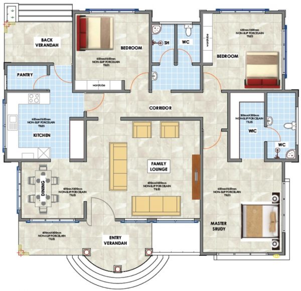 House Plan ID-27594 , 3 bedrooms with 3455+1718 bricks and 157 corrugates