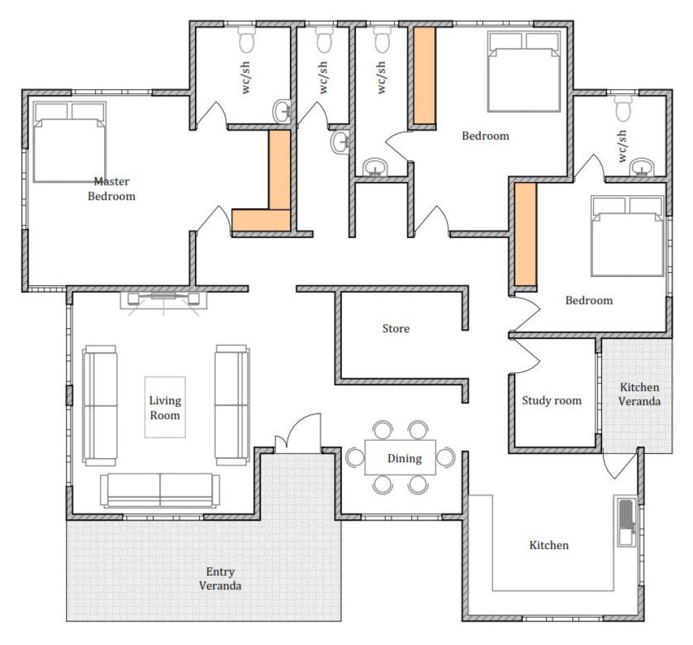 House Plan ID-16528, 3 bedrooms with 5040+1869 bricks and 86 corrugates